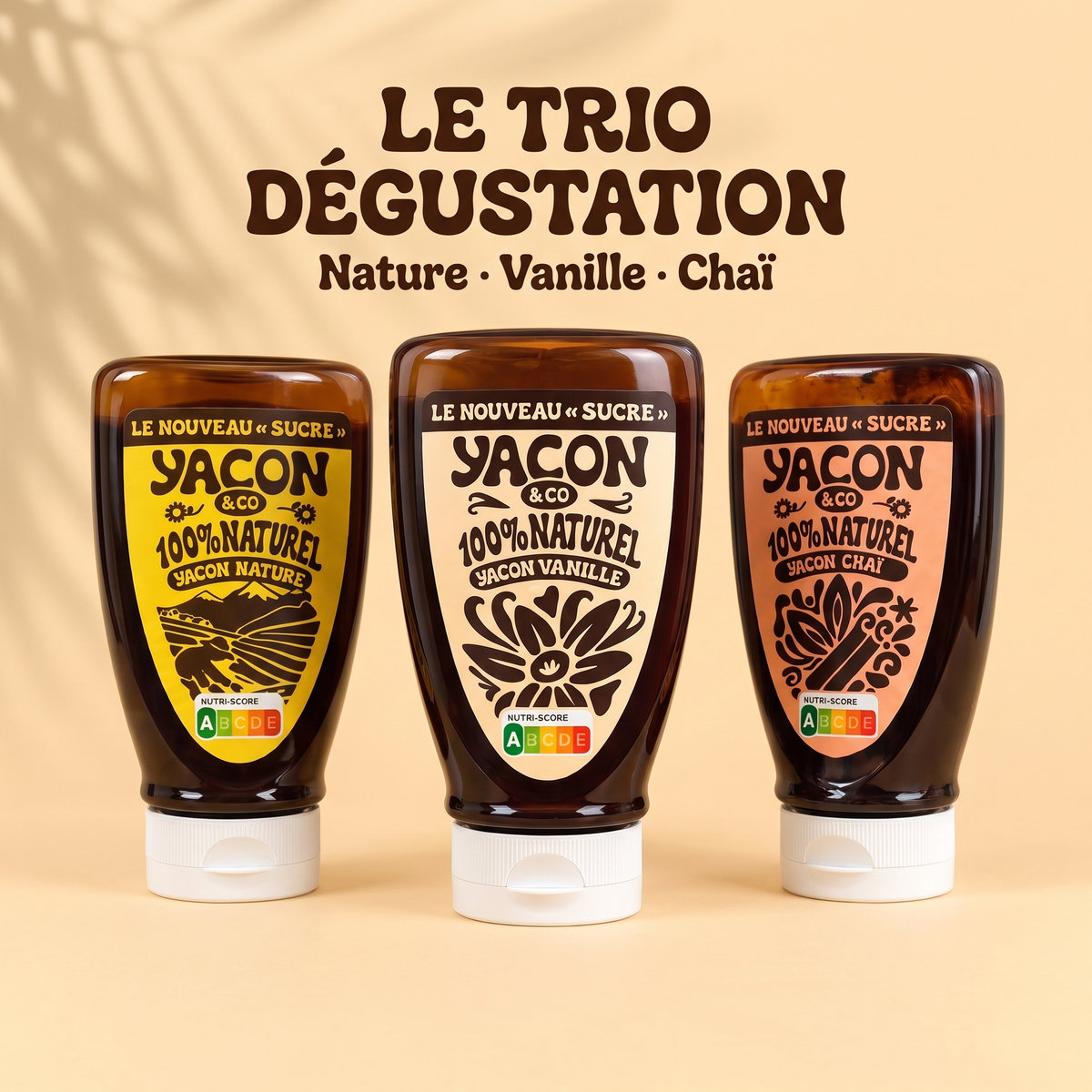 Le Trio Dégustation : squeeze de sirop de yacon Nature, Vanille et Chaï