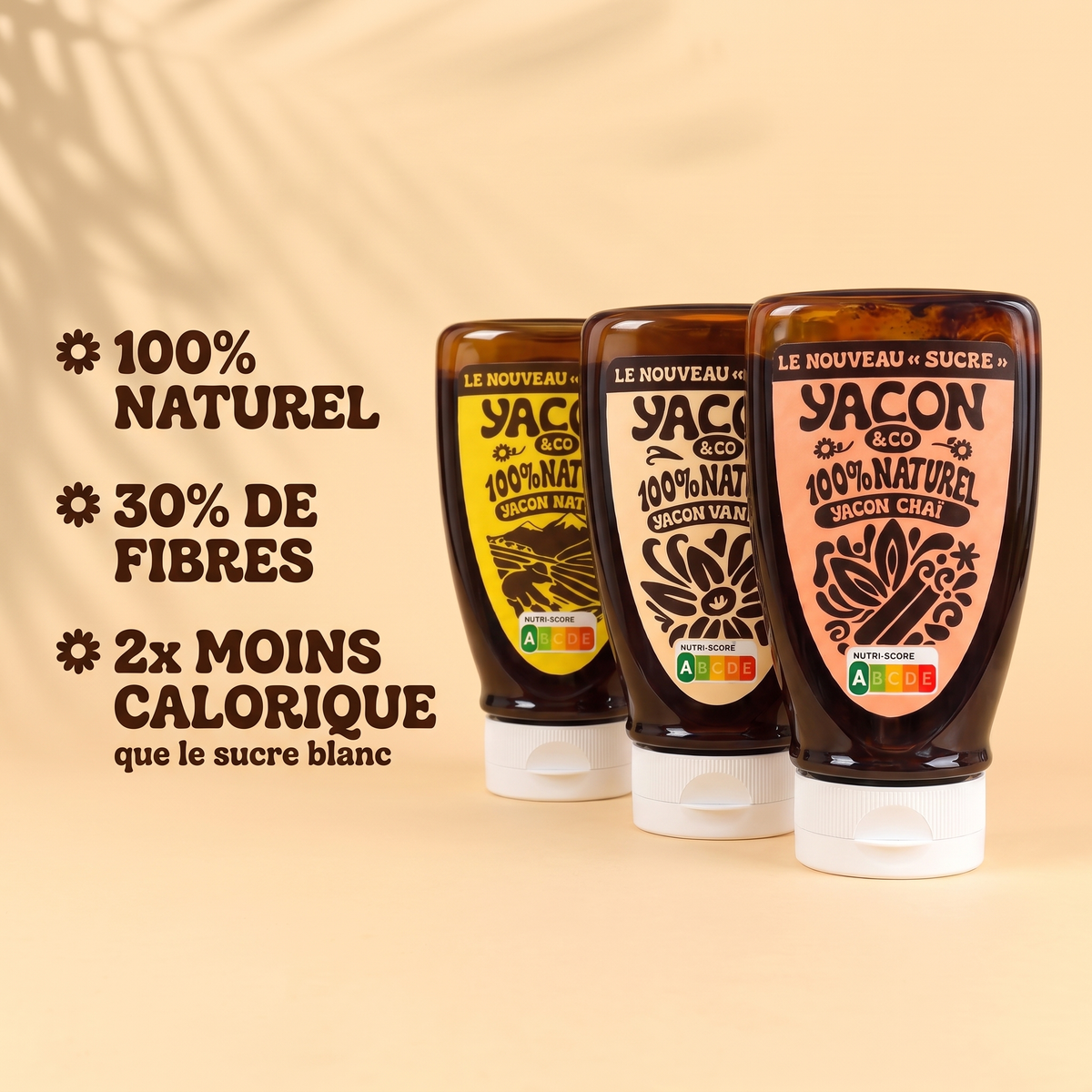 Sirop de yacon 100 % naturel, 30 % de fibres, 2 fois moins calorique que le sucre blanc
