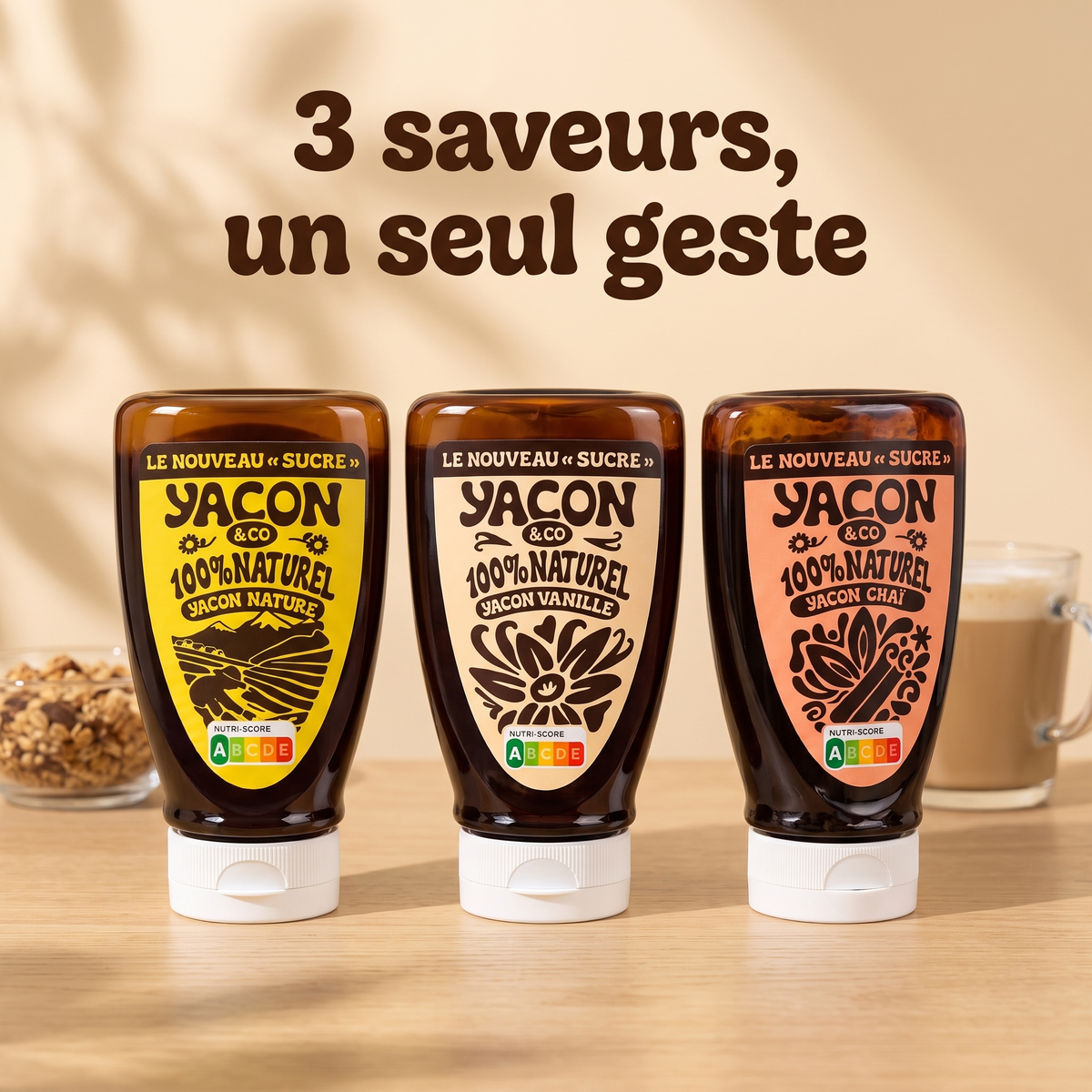 Les trois squeeze Nature, Vanille et Chaï sur une table de petit-déjeuner